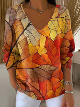 Women's Autumn Leaves Casual Print V-neck Long Sleeve Pullover Sweater